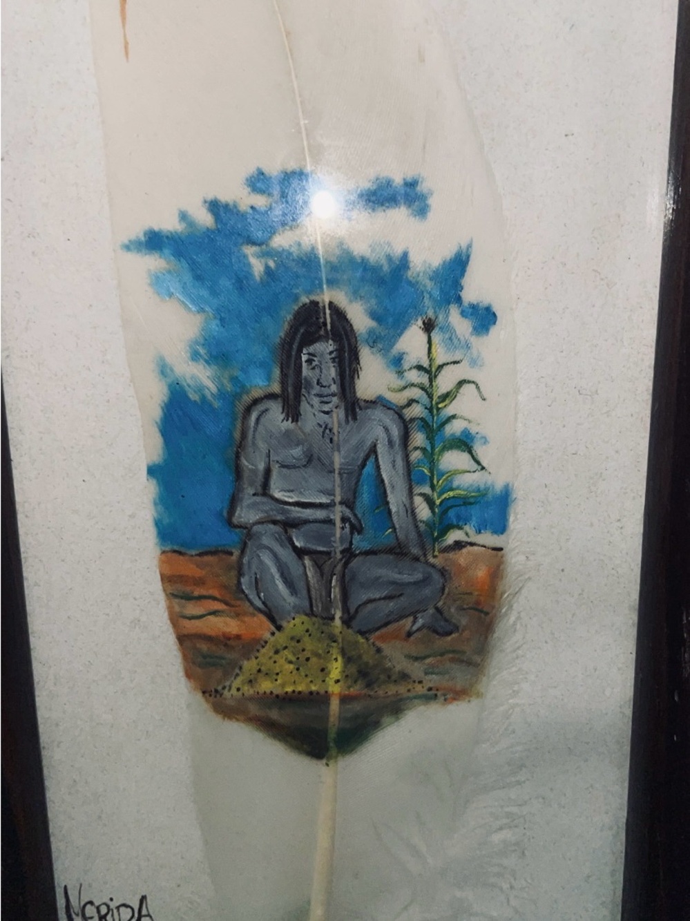 Maya/Aztec-folkart painting on a feather-plumeria-framed-vintage-Merida-Yucatán